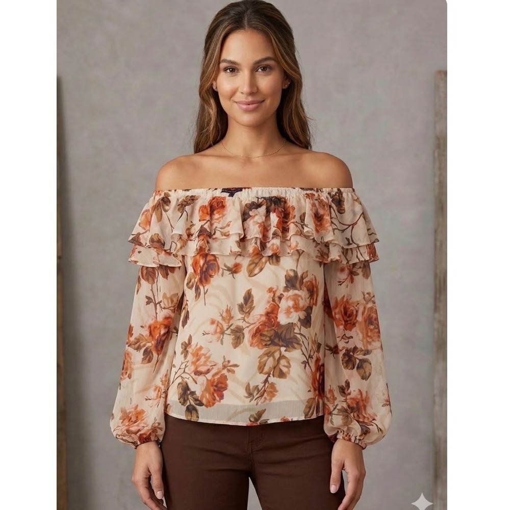 White House Black Market Floral Ruffle Off Shoulder Blouse XL Orange Brown Zebra